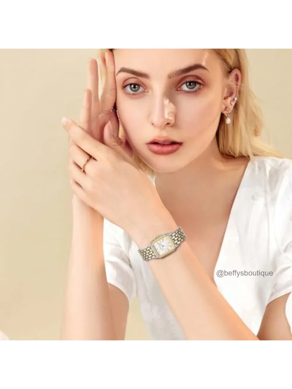 Vintage Rectangular Gold-Silver Stainless Steel Watch for Women with Roman